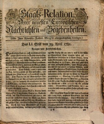 Staats-Relation der neuesten europäischen Nachrichten und Begebenheiten Sonntag 29. April 1781