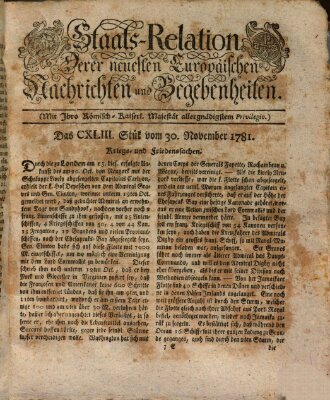 Staats-Relation der neuesten europäischen Nachrichten und Begebenheiten Freitag 30. November 1781