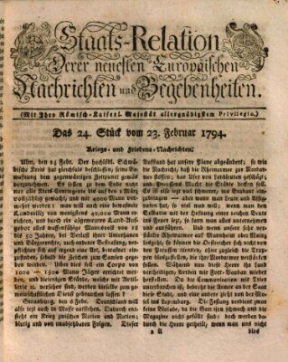 Staats-Relation der neuesten europäischen Nachrichten und Begebenheiten Sonntag 23. Februar 1794