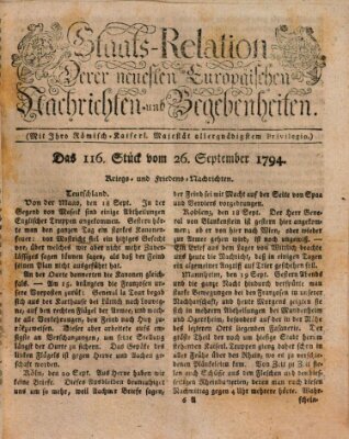 Staats-Relation der neuesten europäischen Nachrichten und Begebenheiten Freitag 26. September 1794