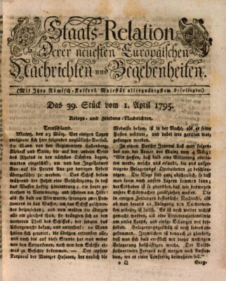 Staats-Relation der neuesten europäischen Nachrichten und Begebenheiten Mittwoch 1. April 1795