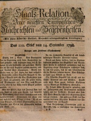 Staats-Relation der neuesten europäischen Nachrichten und Begebenheiten Freitag 14. September 1798