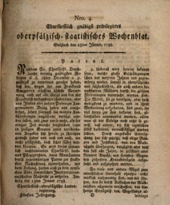 Churfürstlich gnädigst privilegirtes oberpfälzisch-staatistisches Wochenblat (Oberpfälzisches Wochenblat) Donnerstag 25. Januar 1798