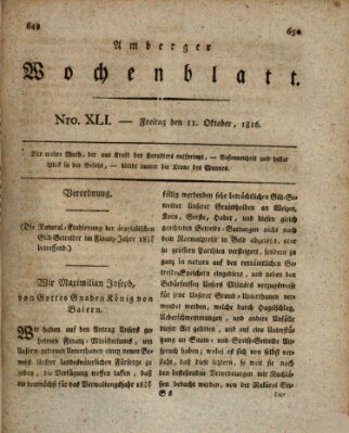Amberger Wochenblatt (Oberpfälzisches Wochenblat) Freitag 11. Oktober 1816