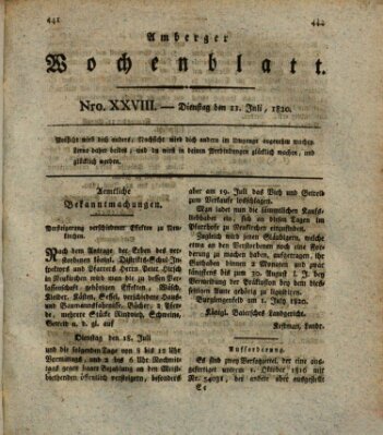 Amberger Wochenblatt (Oberpfälzisches Wochenblat) Dienstag 11. Juli 1820