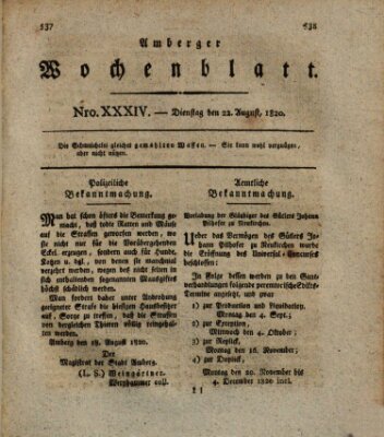 Amberger Wochenblatt (Oberpfälzisches Wochenblat) Dienstag 22. August 1820