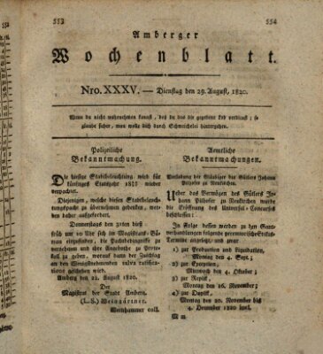 Amberger Wochenblatt (Oberpfälzisches Wochenblat) Dienstag 29. August 1820