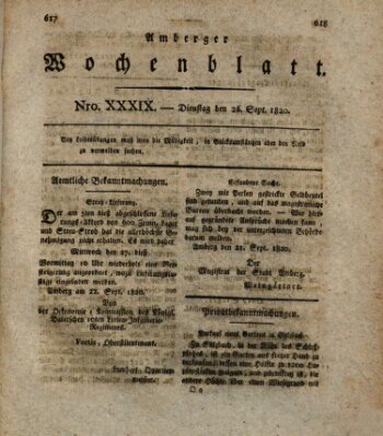 Amberger Wochenblatt (Oberpfälzisches Wochenblat) Dienstag 26. September 1820