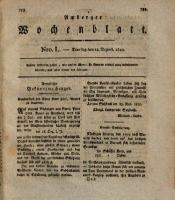 Amberger Wochenblatt (Oberpfälzisches Wochenblat) Dienstag 12. Dezember 1820