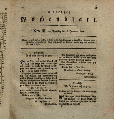 Amberger Wochenblatt (Oberpfälzisches Wochenblat) Dienstag 16. Januar 1821