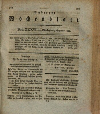 Amberger Wochenblatt (Oberpfälzisches Wochenblat) Dienstag 3. September 1822