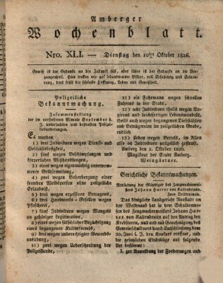Amberger Wochenblatt (Oberpfälzisches Wochenblat) Dienstag 10. Oktober 1826