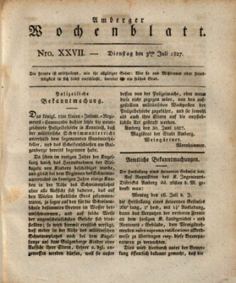 Amberger Wochenblatt (Oberpfälzisches Wochenblat) Dienstag 3. Juli 1827