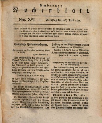 Amberger Wochenblatt (Oberpfälzisches Wochenblat) Dienstag 21. April 1829
