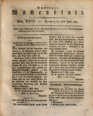 Amberger Wochenblatt (Oberpfälzisches Wochenblat) Dienstag 30. Juni 1829