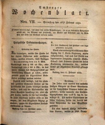 Amberger Wochenblatt (Oberpfälzisches Wochenblat) Dienstag 16. Februar 1830