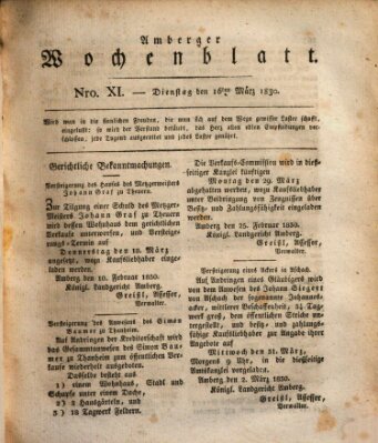 Amberger Wochenblatt (Oberpfälzisches Wochenblat) Dienstag 16. März 1830