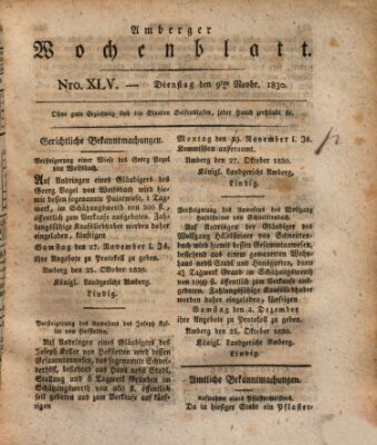 Amberger Wochenblatt (Oberpfälzisches Wochenblat) Dienstag 9. November 1830