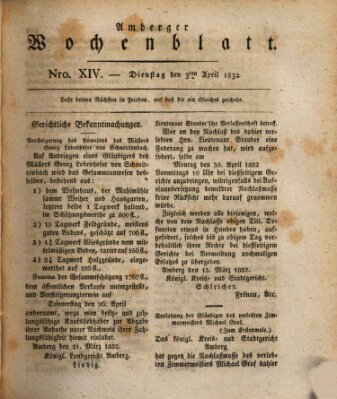 Amberger Wochenblatt (Oberpfälzisches Wochenblat) Dienstag 3. April 1832