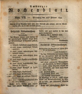 Amberger Wochenblatt (Oberpfälzisches Wochenblat) Dienstag 12. Februar 1833