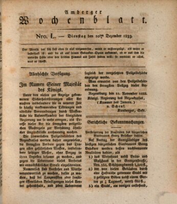 Amberger Wochenblatt (Oberpfälzisches Wochenblat) Dienstag 10. Dezember 1833