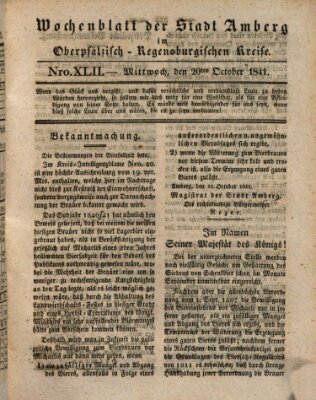 Wochenblatt der Stadt Amberg im Oberpfälzisch-Regensburgischen Kreise (Oberpfälzisches Wochenblat) Mittwoch 20. Oktober 1841