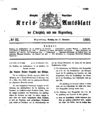 Königlich-bayerisches Kreis-Amtsblatt der Oberpfalz und von Regensburg (Königlich bayerisches Intelligenzblatt für die Oberpfalz und von Regensburg) Samstag 17. November 1860