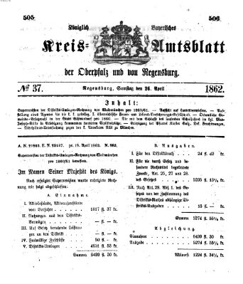 Königlich-bayerisches Kreis-Amtsblatt der Oberpfalz und von Regensburg (Königlich bayerisches Intelligenzblatt für die Oberpfalz und von Regensburg) Samstag 26. April 1862