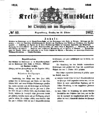 Königlich-bayerisches Kreis-Amtsblatt der Oberpfalz und von Regensburg (Königlich bayerisches Intelligenzblatt für die Oberpfalz und von Regensburg) Samstag 18. Oktober 1862