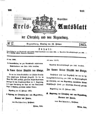 Königlich-bayerisches Kreis-Amtsblatt der Oberpfalz und von Regensburg (Königlich bayerisches Intelligenzblatt für die Oberpfalz und von Regensburg) Samstag 18. Februar 1865