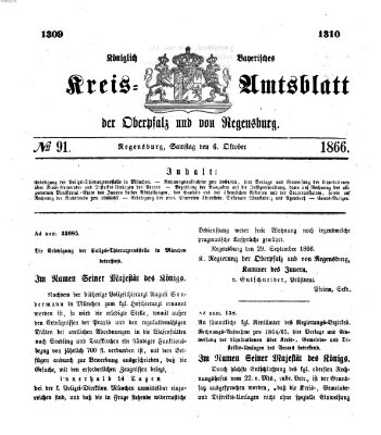 Königlich-bayerisches Kreis-Amtsblatt der Oberpfalz und von Regensburg (Königlich bayerisches Intelligenzblatt für die Oberpfalz und von Regensburg) Samstag 6. Oktober 1866