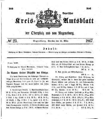 Königlich-bayerisches Kreis-Amtsblatt der Oberpfalz und von Regensburg (Königlich bayerisches Intelligenzblatt für die Oberpfalz und von Regensburg) Samstag 16. März 1867