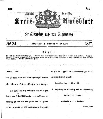 Königlich-bayerisches Kreis-Amtsblatt der Oberpfalz und von Regensburg (Königlich bayerisches Intelligenzblatt für die Oberpfalz und von Regensburg) Mittwoch 20. März 1867
