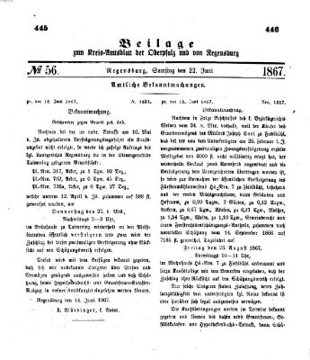 Königlich-bayerisches Kreis-Amtsblatt der Oberpfalz und von Regensburg (Königlich bayerisches Intelligenzblatt für die Oberpfalz und von Regensburg) Samstag 22. Juni 1867