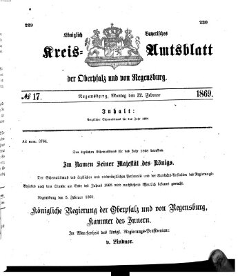 Königlich-bayerisches Kreis-Amtsblatt der Oberpfalz und von Regensburg (Königlich bayerisches Intelligenzblatt für die Oberpfalz und von Regensburg) Montag 22. Februar 1869