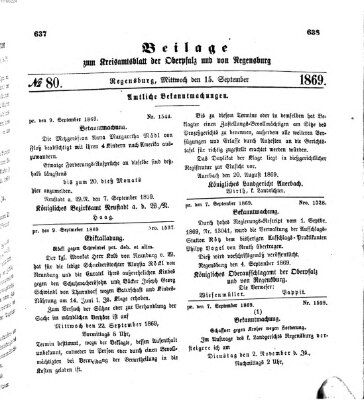 Königlich-bayerisches Kreis-Amtsblatt der Oberpfalz und von Regensburg (Königlich bayerisches Intelligenzblatt für die Oberpfalz und von Regensburg) Mittwoch 15. September 1869