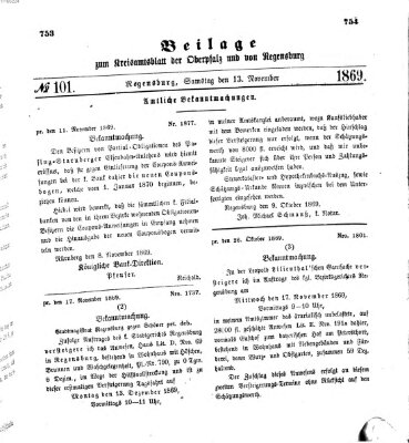 Königlich-bayerisches Kreis-Amtsblatt der Oberpfalz und von Regensburg (Königlich bayerisches Intelligenzblatt für die Oberpfalz und von Regensburg) Samstag 13. November 1869
