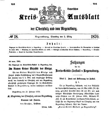 Königlich-bayerisches Kreis-Amtsblatt der Oberpfalz und von Regensburg (Königlich bayerisches Intelligenzblatt für die Oberpfalz und von Regensburg) Samstag 5. März 1870
