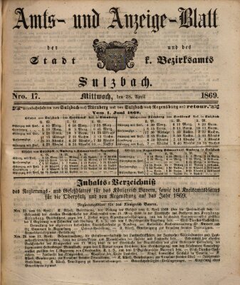 Amts- und Anzeigeblatt der Stadt und des K. Bezirksamts Sulzbach (Sulzbacher Wochenblatt) Mittwoch 28. April 1869