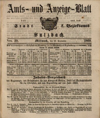 Amts- und Anzeigeblatt der Stadt und des K. Bezirksamts Sulzbach (Sulzbacher Wochenblatt) Mittwoch 29. September 1869