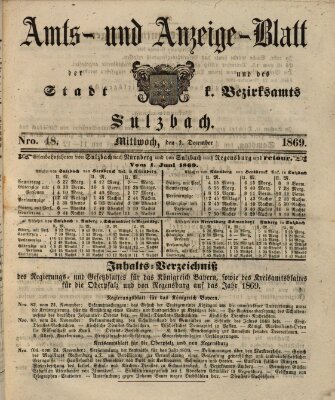 Amts- und Anzeigeblatt der Stadt und des K. Bezirksamts Sulzbach (Sulzbacher Wochenblatt) Mittwoch 1. Dezember 1869