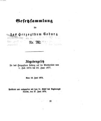 Gesetz-Sammlung für das Herzogtum Coburg (Coburger Regierungs-Blatt) Samstag 27. Juni 1874