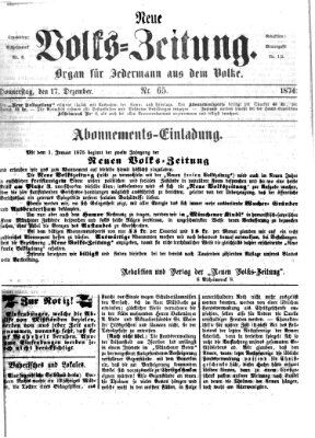 Neue Volks-Zeitung Donnerstag 17. Dezember 1874