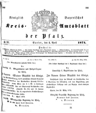 Königlich-bayerisches Kreis-Amtsblatt der Pfalz (Königlich bayerisches Amts- und Intelligenzblatt für die Pfalz) Samstag 4. April 1874