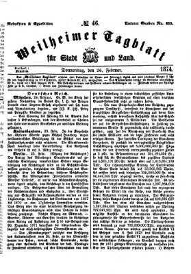Weilheimer Tagblatt für Stadt und Land Donnerstag 26. Februar 1874