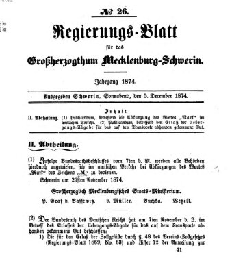 Regierungsblatt für Mecklenburg-Schwerin (Großherzoglich-Mecklenburg-Schwerinsches officielles Wochenblatt) Samstag 5. Dezember 1874