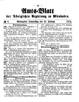 Amtsblatt der Regierung in Wiesbaden (Herzoglich-nassauisches allgemeines Intelligenzblatt) Donnerstag 19. Februar 1874