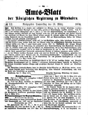 Amtsblatt der Regierung in Wiesbaden (Herzoglich-nassauisches allgemeines Intelligenzblatt) Donnerstag 19. März 1874