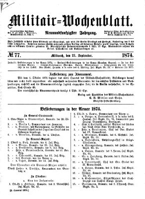 Militär-Wochenblatt Mittwoch 23. September 1874