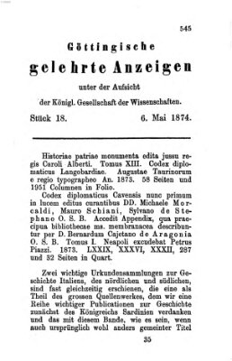 Göttingische gelehrte Anzeigen (Göttingische Zeitungen von gelehrten Sachen) Mittwoch 6. Mai 1874